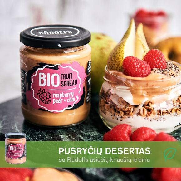 Pusryčių jogurtinis desertas su ekologišku Rūdolfs aviečių-kriaušių kremu, Graci Passionfruits miusliais ir čija sėklomis