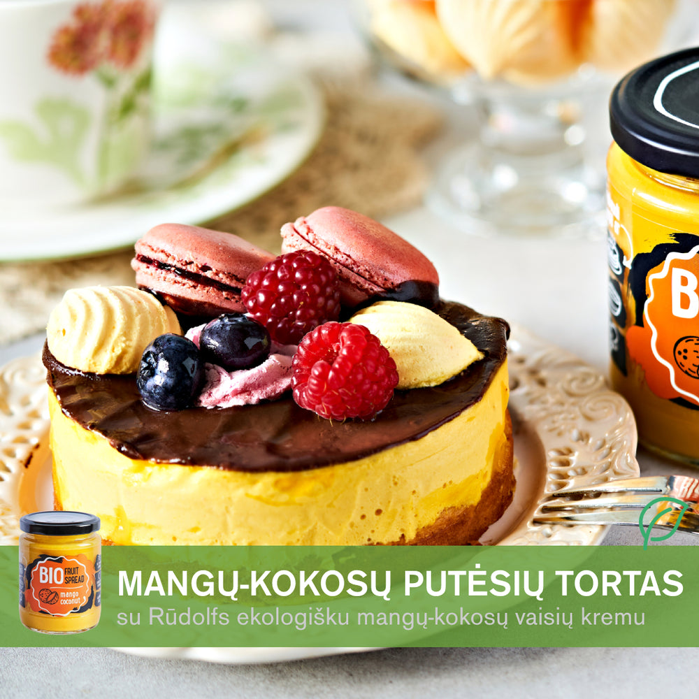 Mangų ir kokosų putėsių tortas su migdolų biskvitu