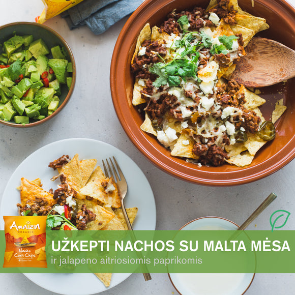 Nachos receptas su ekologiškais ingredientais – Amazin Nachos kukurūzų traškučiais, Taco padažais ir prieskoniais