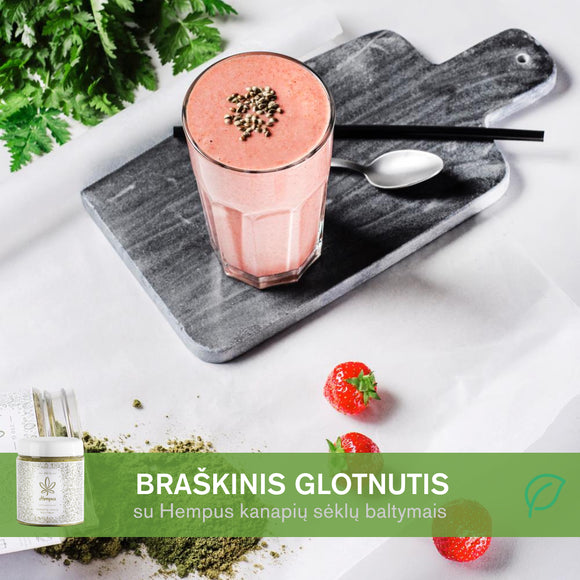 Braškinis glotnutis-smūtis – greitas būdas papusryčiauti naudojant Hempus kanapių baltymus