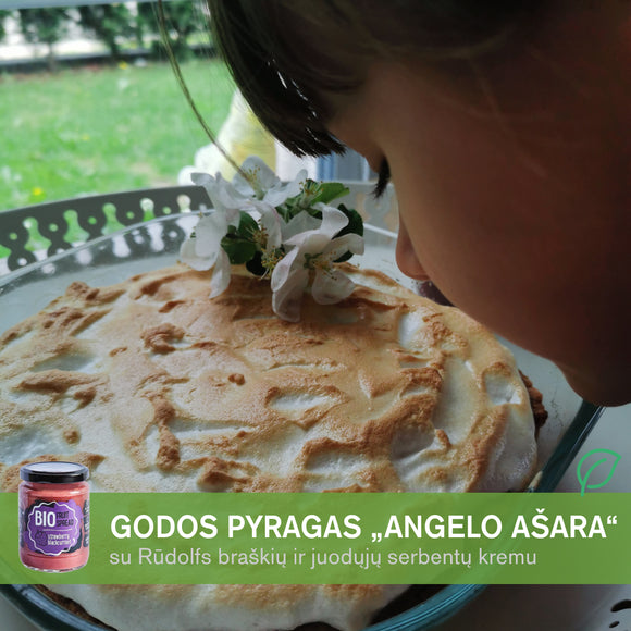 „Svečiuose pas Godą“ pyragas „Angelo ašara“ su ekologišku Rūdolfs braškių-juodųjų serbentų kremu
